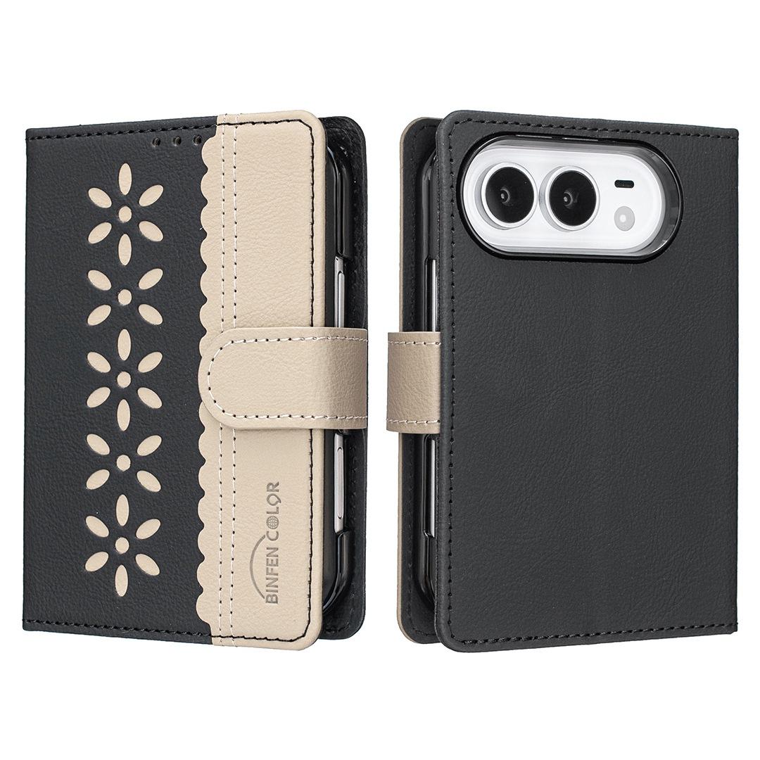 Compatible with iPhone Duo Splicing Color Hollow Flower Pattern RFID Leather Phone Case - Black