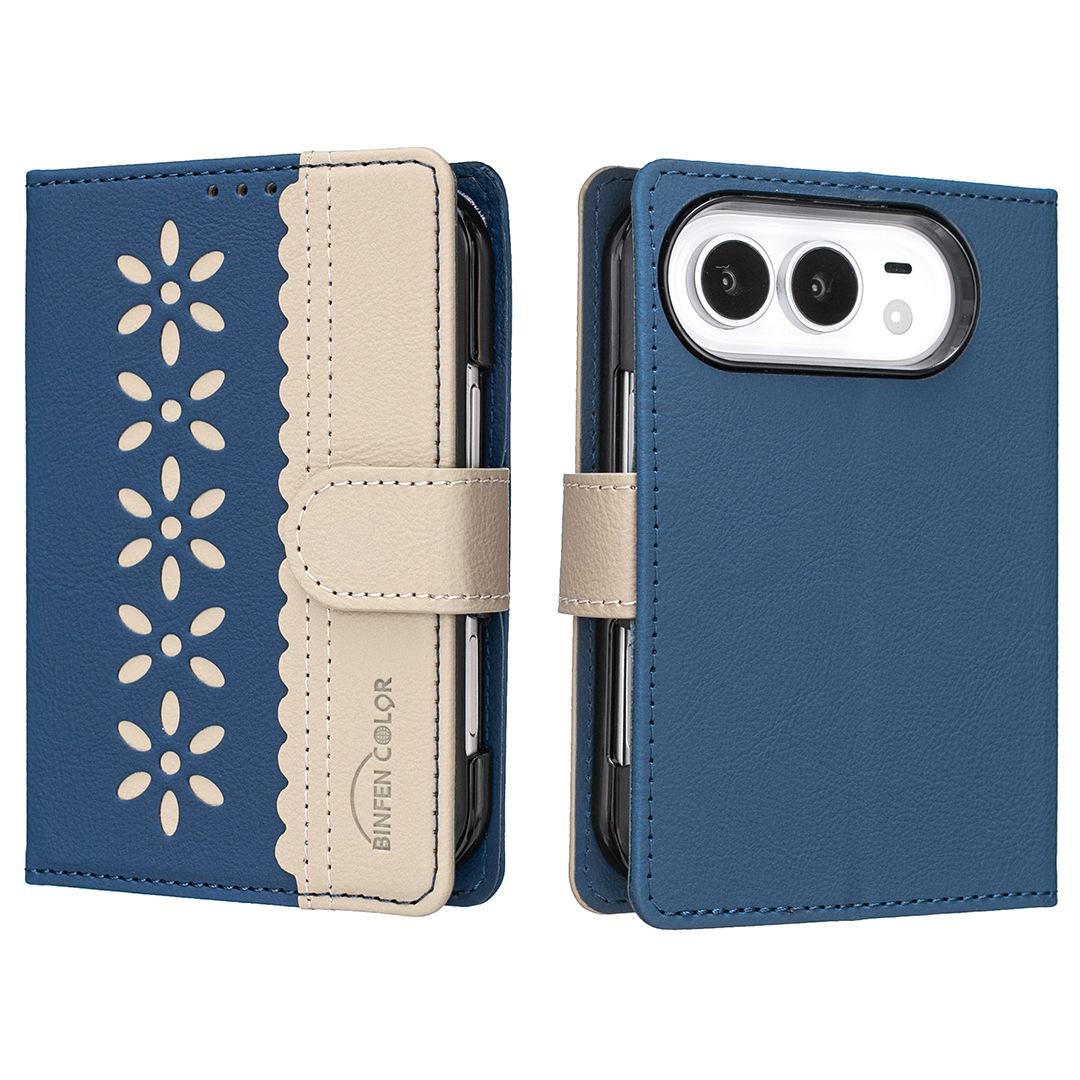 Compatible with iPhone Duo Splicing Color Hollow Flower Pattern RFID Leather Phone Case - Dark Blue