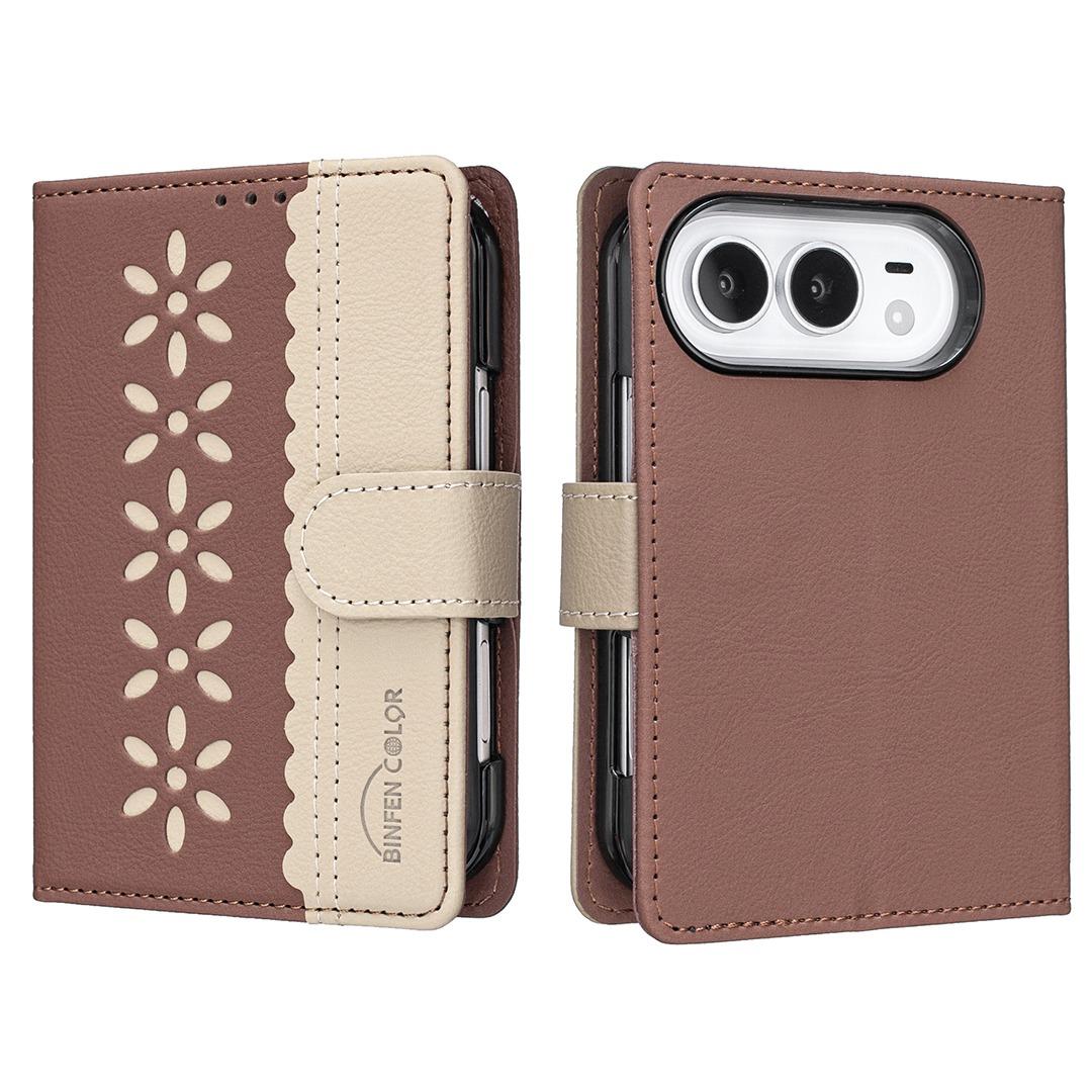 Compatible with iPhone Duo Splicing Color Hollow Flower Pattern RFID Leather Phone Case - Brown