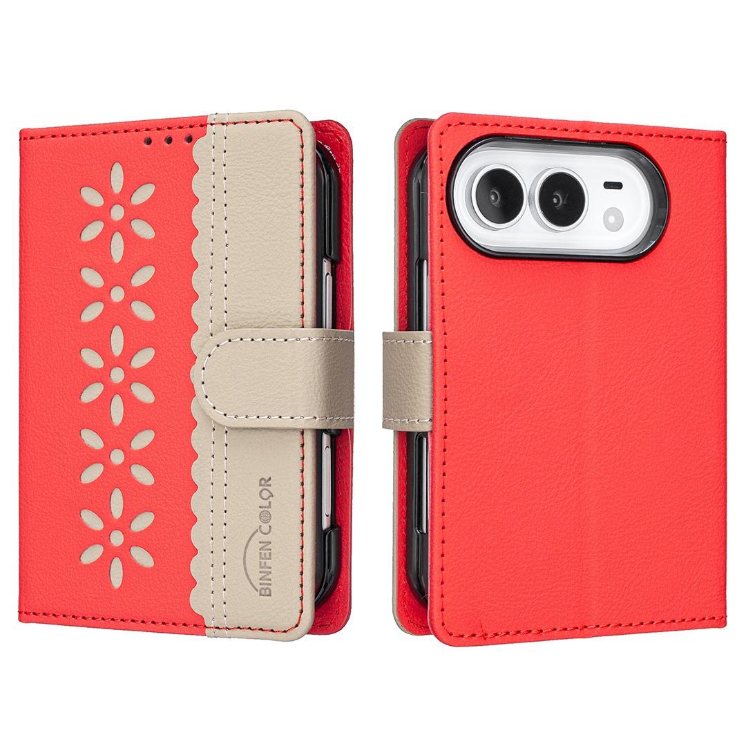 Compatible with iPhone Duo Splicing Color Hollow Flower Pattern RFID Leather Phone Case - Red