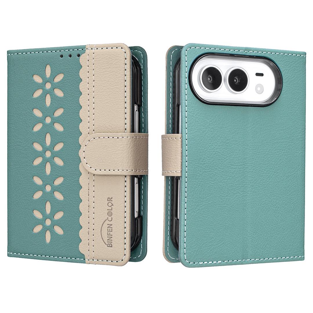 Compatible with iPhone Duo Splicing Color Hollow Flower Pattern RFID Leather Phone Case - Green