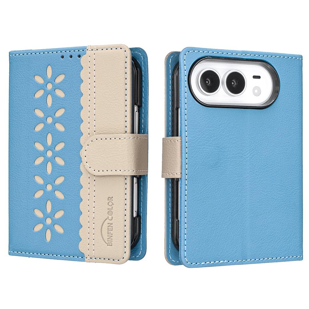 Compatible with iPhone Duo Splicing Color Hollow Flower Pattern RFID Leather Phone Case - Baby Blue