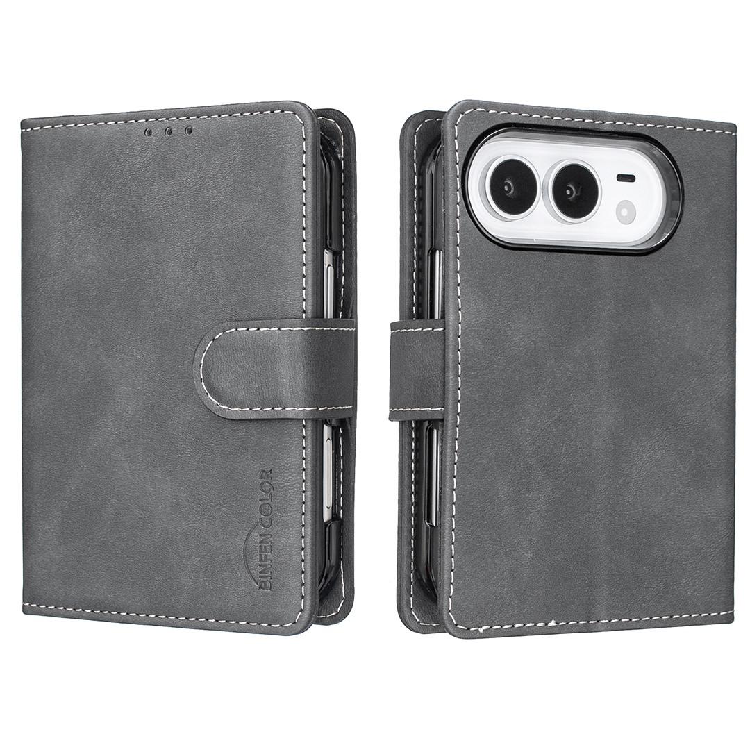 Compatible with iPhone Duo Solid Color Calfskin Texture RFID Vegan Leather Phone Case - Black