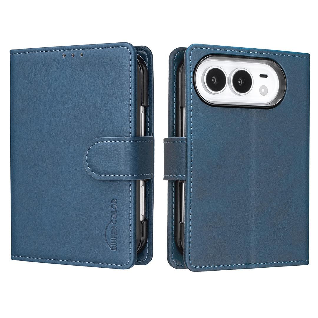 Compatible with iPhone Duo Solid Color Calfskin Texture RFID Vegan Leather Phone Case - Blue