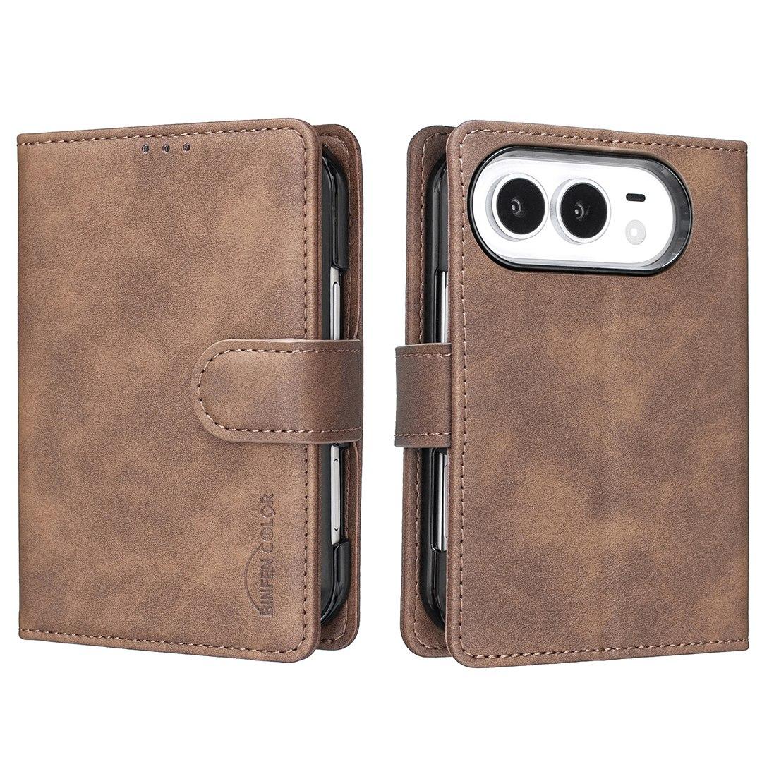 Compatible with iPhone Duo Solid Color Calfskin Texture RFID Vegan Leather Phone Case - Brown