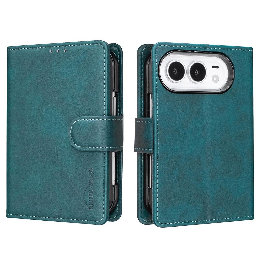 Compatible with iPhone Duo Solid Color Calfskin Texture RFID Vegan Leather Phone Case - Green