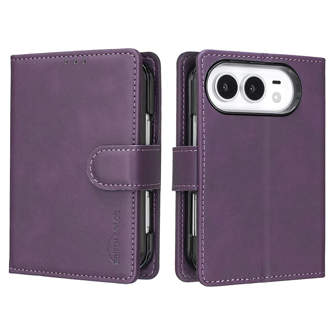 Compatible with iPhone Duo Solid Color Calfskin Texture RFID Vegan Leather Phone Case - Purple