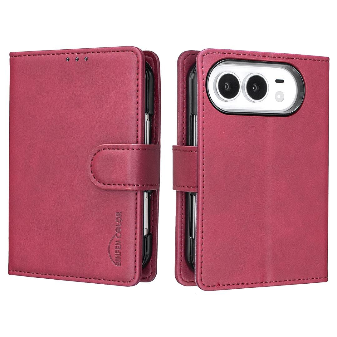 Compatible with iPhone Duo Solid Color Calfskin Texture RFID Vegan Leather Phone Case - Red
