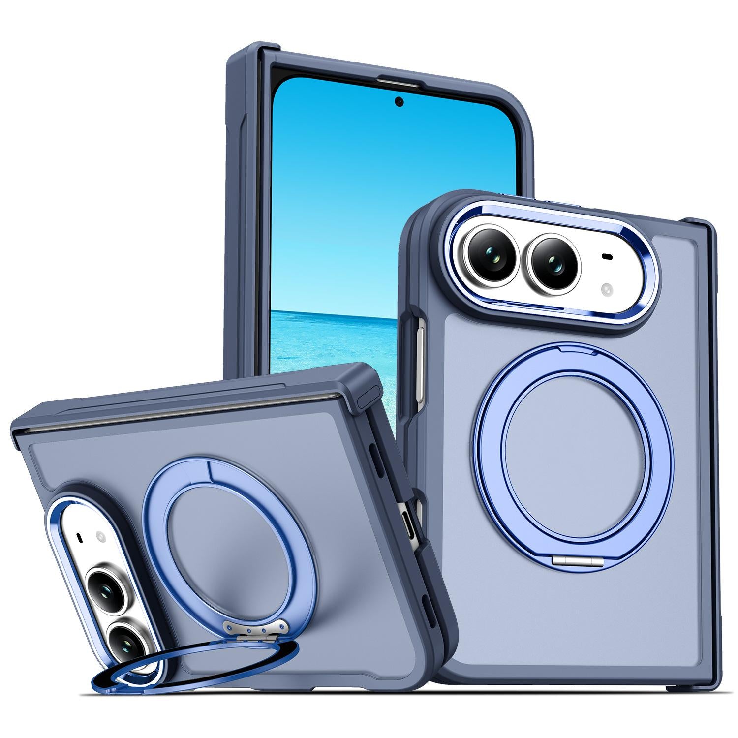 Compatible with iPhone Duo XDcase Armor-style Hinge Protection Magnetic Ring Holder Phone Case - Deep Blue