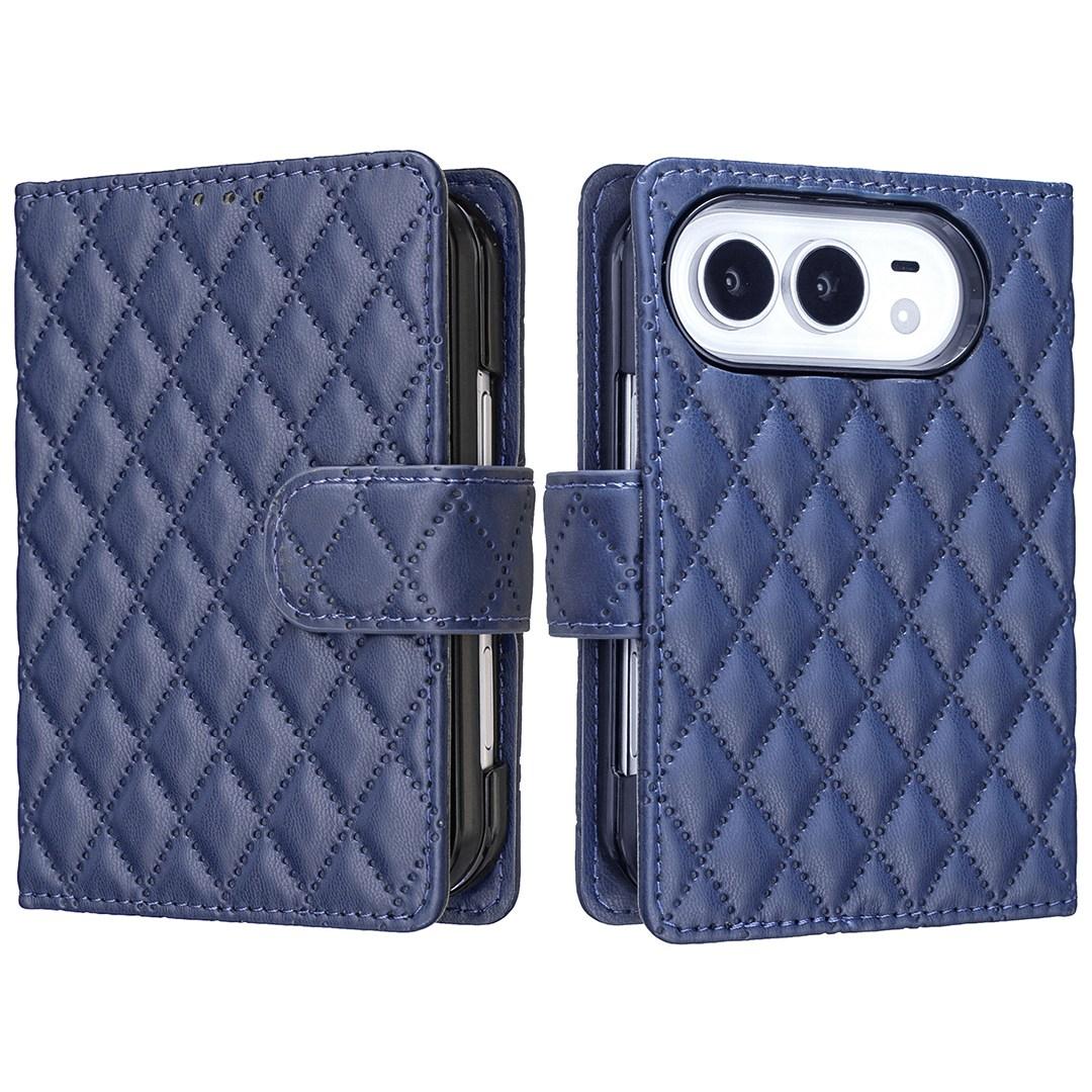 Compatible with iPhone Duo Diamond Lattice Wallet Flip Leather Phone Case - Blue