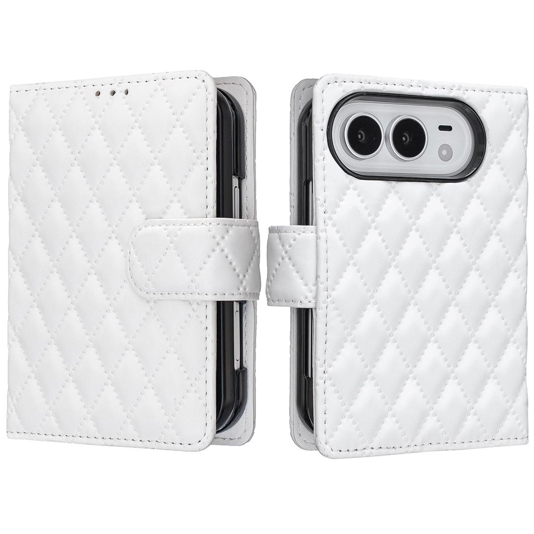 Compatible with iPhone Duo Diamond Lattice Wallet Flip Leather Phone Case - White