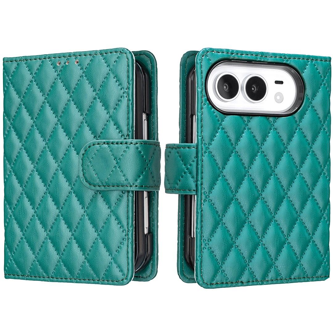 Compatible with iPhone Duo Diamond Lattice Wallet Flip Leather Phone Case - Green