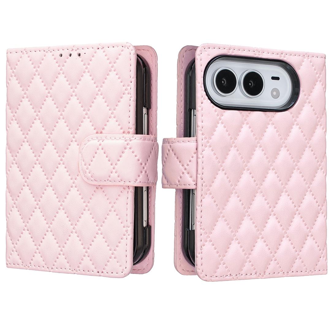 Compatible with iPhone Duo Diamond Lattice Wallet Flip Leather Phone Case - Pink