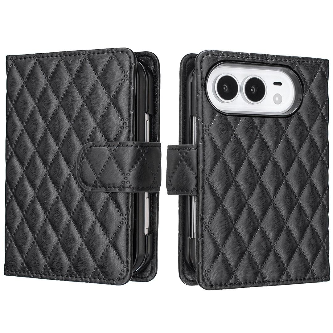 Compatible with iPhone Duo Diamond Lattice Wallet Flip Leather Phone Case - Black