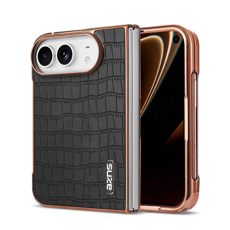 Compatible with iPhone Duo AZNS Electroplated Frame Crocodile Texture Full Coverage Phone Case - Black
