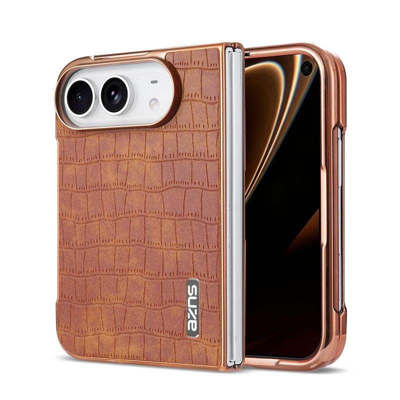 Compatible with iPhone Duo AZNS Electroplated Frame Crocodile Texture Full Coverage Phone Case - Brown