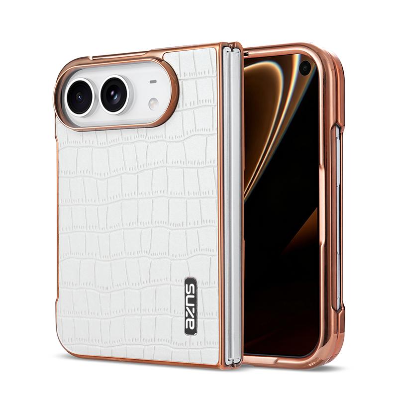 Compatible with iPhone Duo AZNS Electroplated Frame Crocodile Texture Full Coverage Phone Case - White