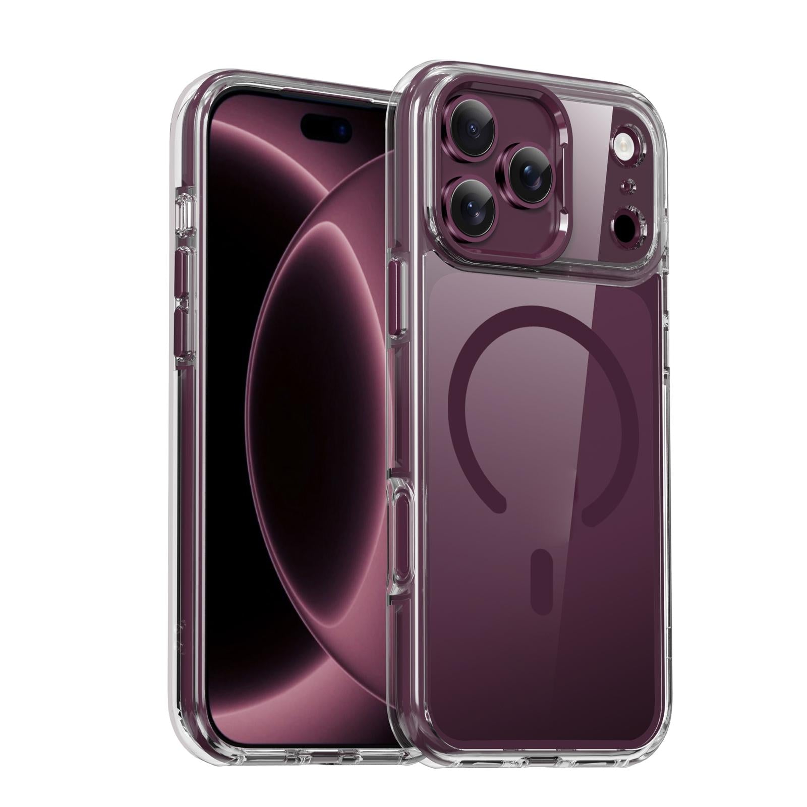 Compatible with iPhone 18 Pro iPAKY Mingxing Series MagSafe Magnetic Shockproof PC+TPU Phone Case - Transparent + Wine Red