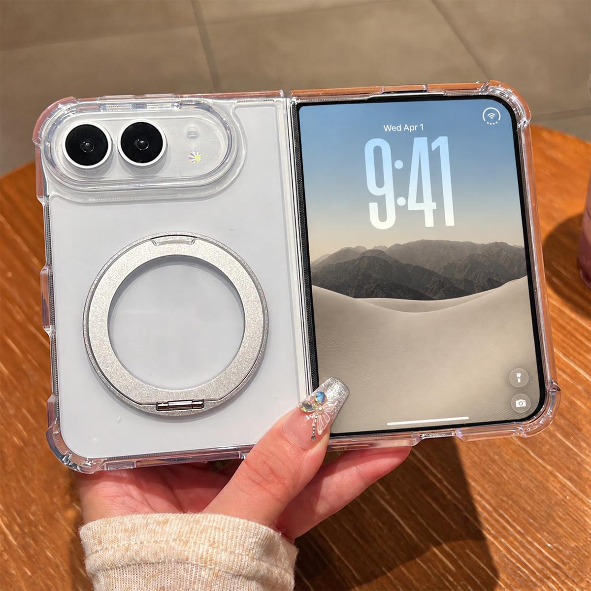 Compatible with iPhone Duo Four Corner Shockproof Space Magnetic Phone Case with 360 Degrees Rotating Holder - Transparent