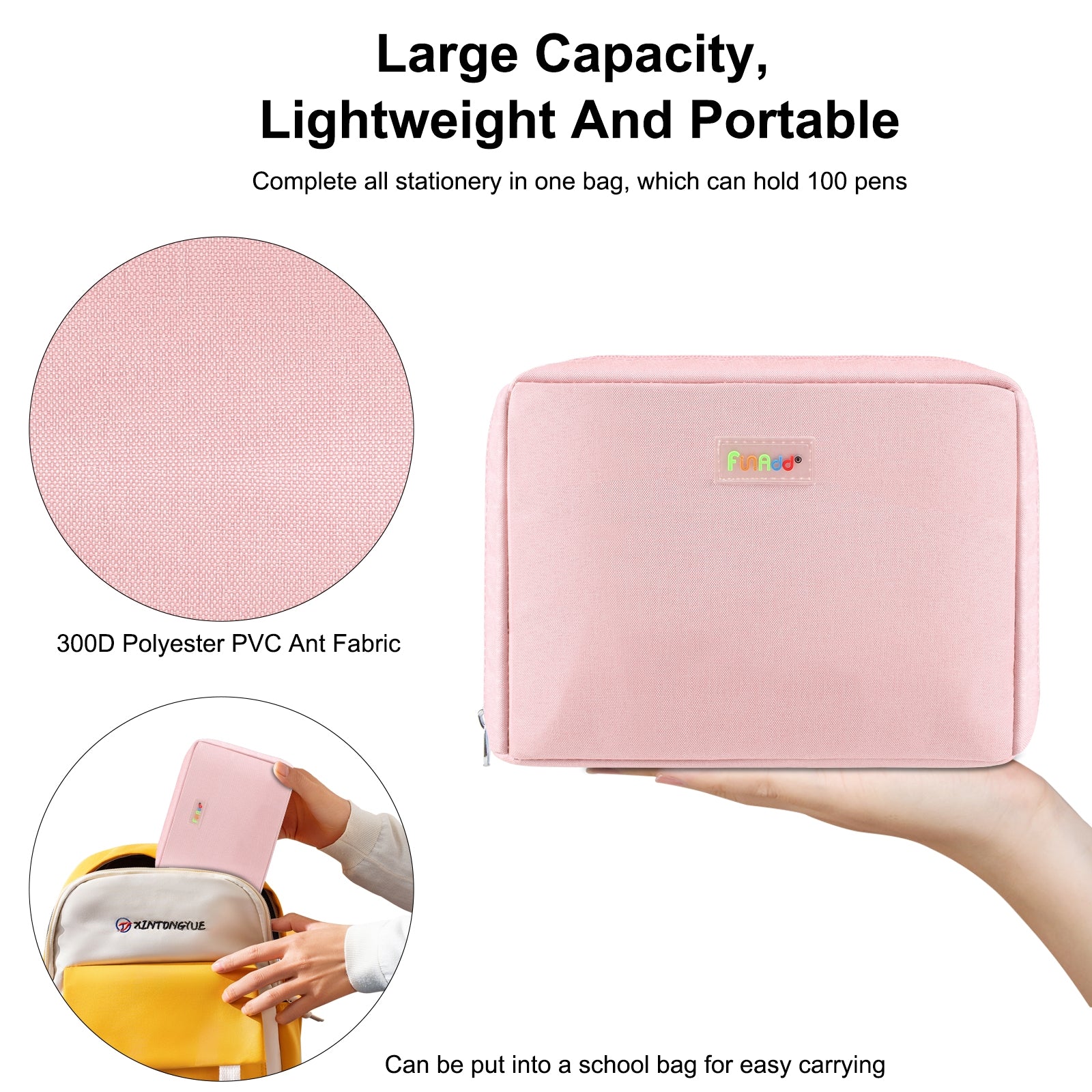 FunAdd Large-capacity Pencil Case Storage Organizer Ant ClothCosmetic Bag, Size: 230 x 170 x 75mm (Pink)