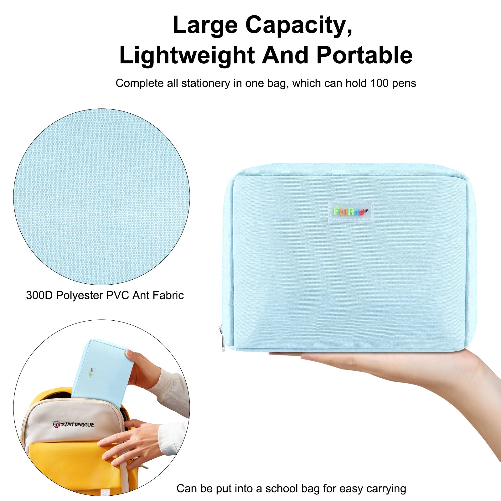 FunAdd Large-capacity Pencil Case Storage Organizer Ant ClothCosmetic Bag, Size: 230 x 170 x 75mm (Light Blue)