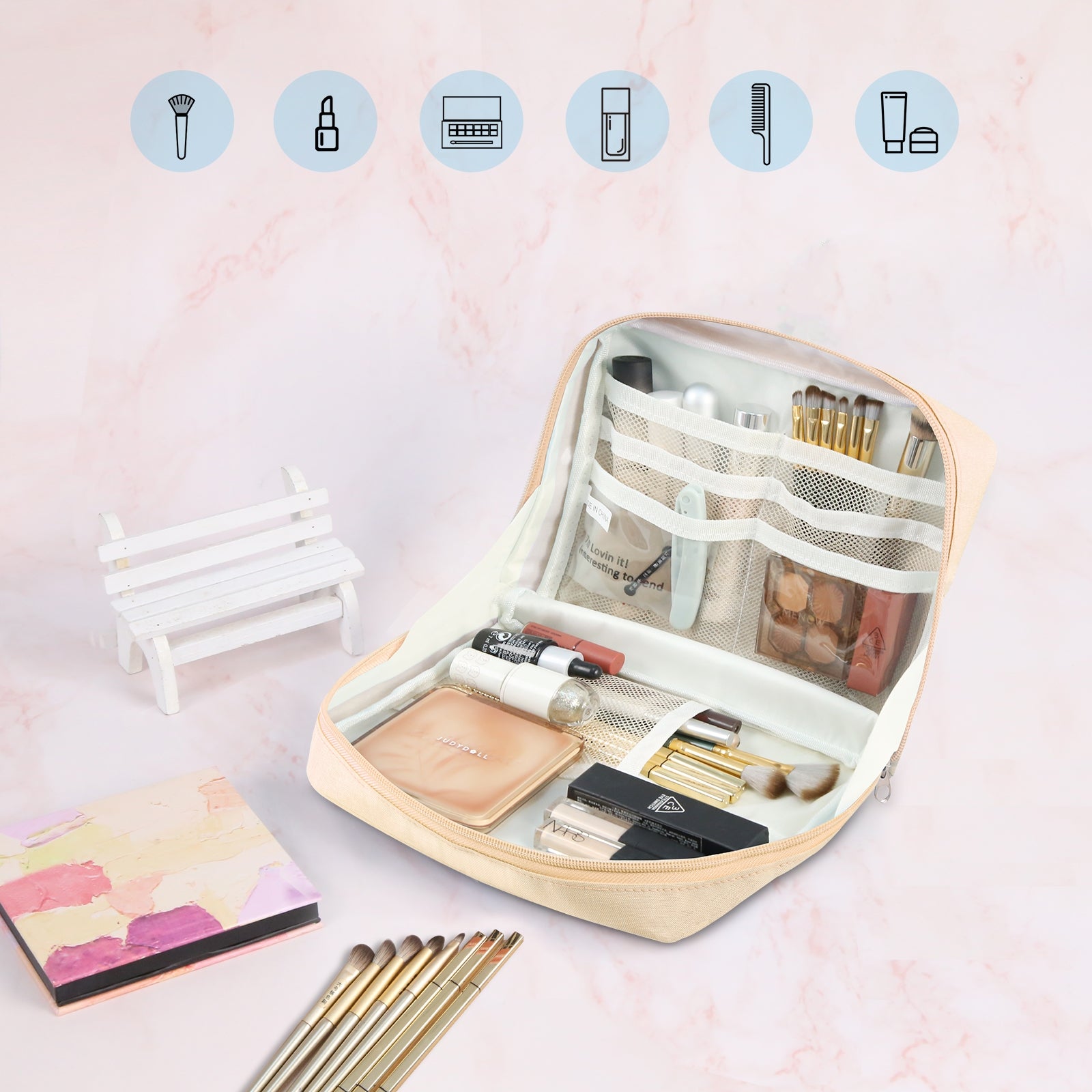 FunAdd Large-capacity Pencil Case Storage Organizer Ant Cloth Cosmetic Bag, Size: 230 x 170 x 75mm (Apricot)