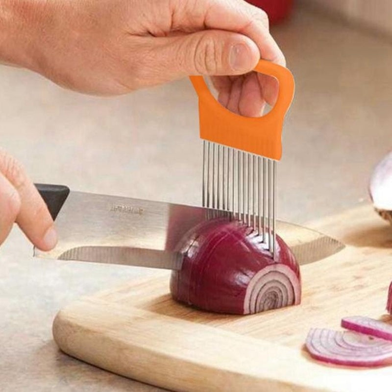 Stainless Steel Vegetable Onion Cutter Holder Meat Needle Kitchen Tools (Orange)