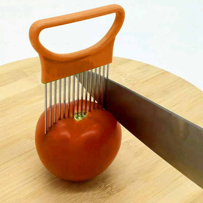 Stainless Steel Vegetable Onion Cutter Holder Meat Needle Kitchen Tools (Orange)