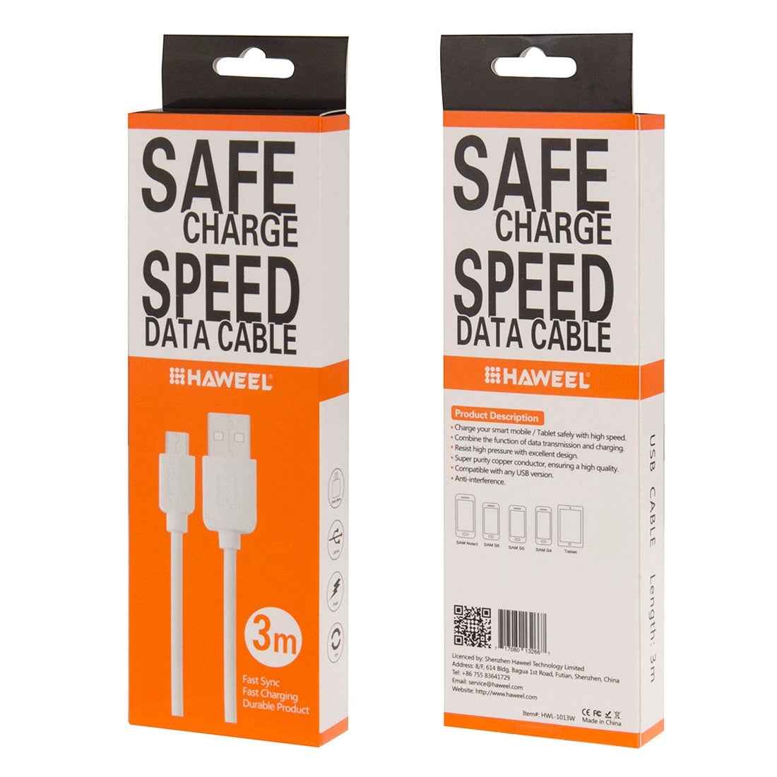 Uniqbuy For HAWEEL 3m High Speed Micro USB to USB Data Sync Charging Cable For Samsung, Xiaomi, Huawei, LG, HTC, The Devices with Micro USB Port(White)