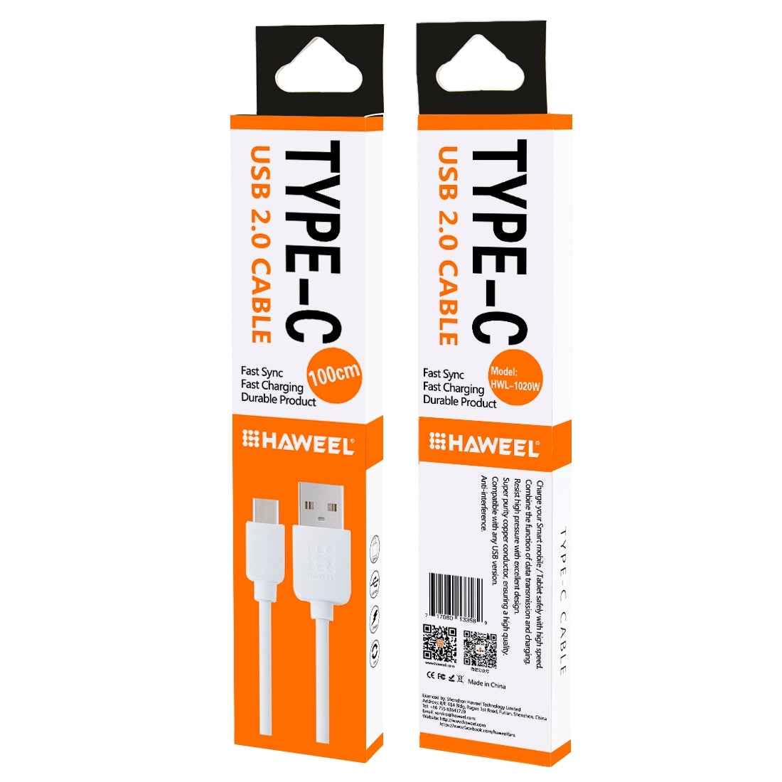 Uniqbuy For HAWEEL 1m USB-C / Type-C to USB 2.0 Data & Charging Cable(White)