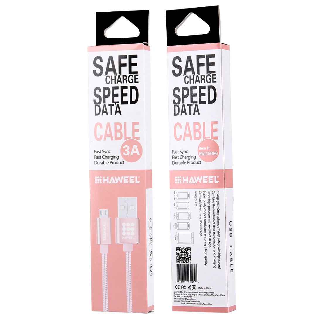 Uniqbuy For HAWEEL 1m Woven Style Metal Head 3A High Current Micro USB to USB Sync Data Charging Cable, For Samsung, Huawei, Xiaomi, LG, HTC and other Smartphones(Rose Gold)