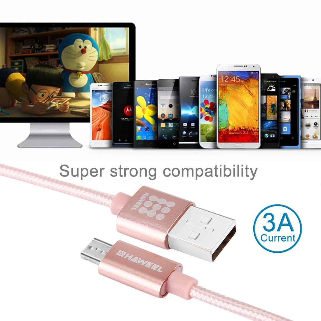 Uniqbuy For HAWEEL 1m Woven Style Metal Head 3A High Current Micro USB to USB Sync Data Charging Cable, For Samsung, Huawei, Xiaomi, LG, HTC and other Smartphones(Rose Gold)