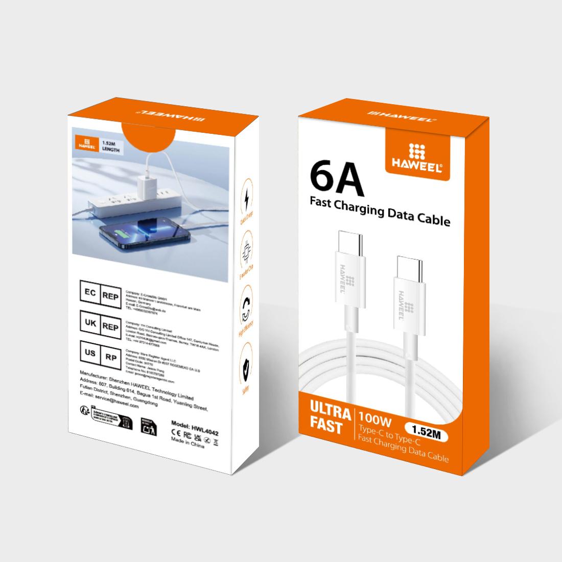 HAWEEL 100W 6A USB-C / Type-C to USB-C / Type-C Fast Charging Data Cable, Length: 1.52m