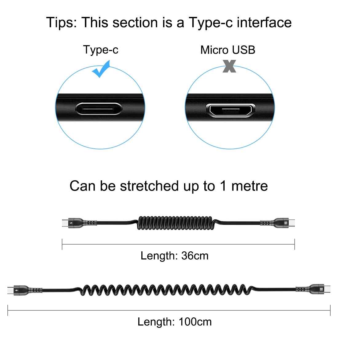 Uniqbuy For HAWEEL 1m 5A USB-C / Type-C to USB-C / Type-C Retractable Coiled PD Fast Charging Cable
