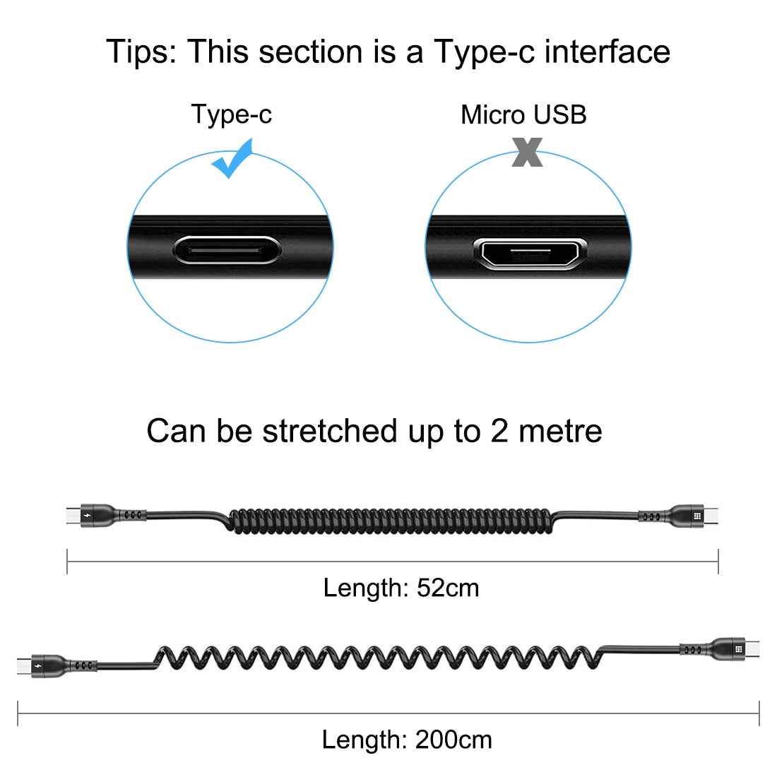 Uniqbuy For HAWEEL 2m 5A USB-C / Type-C to USB-C / Type-C Retractable Coiled PD Fast Charging Cable