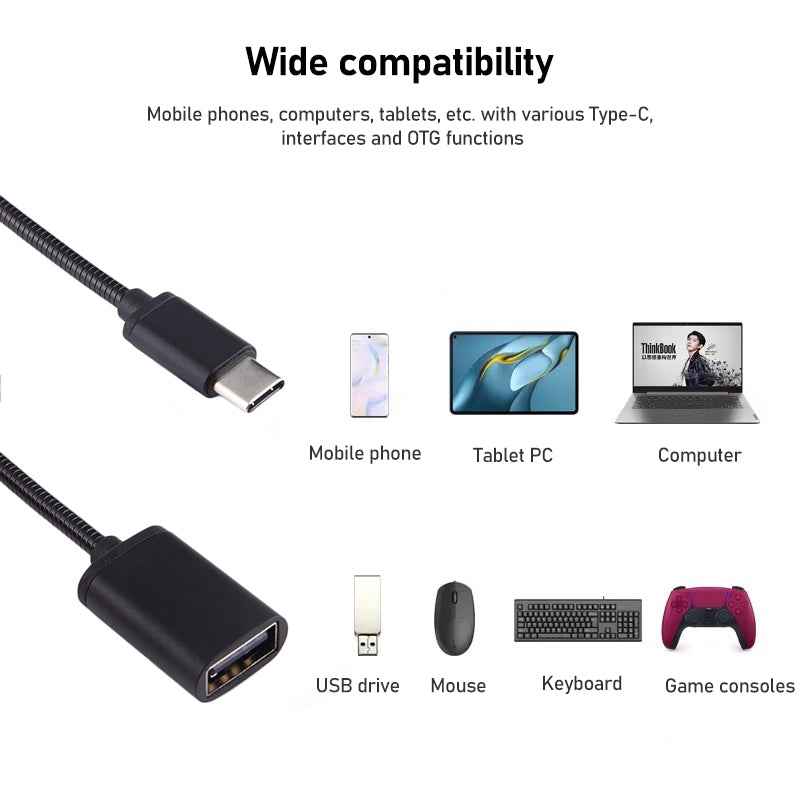 Uniqbuy For 8.3cm USB Female to Type-C Male Metal Wire OTG Cable Charging Data Cable(Black)