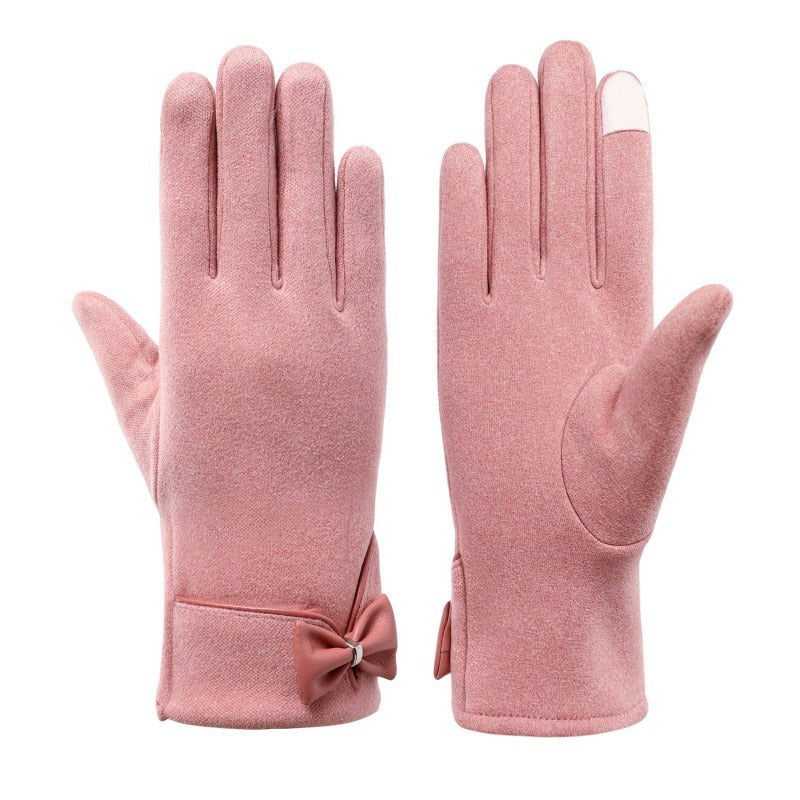 Bowknot touch screen warm gloves winter plus velvet gloves fashionable all-match adult gloves