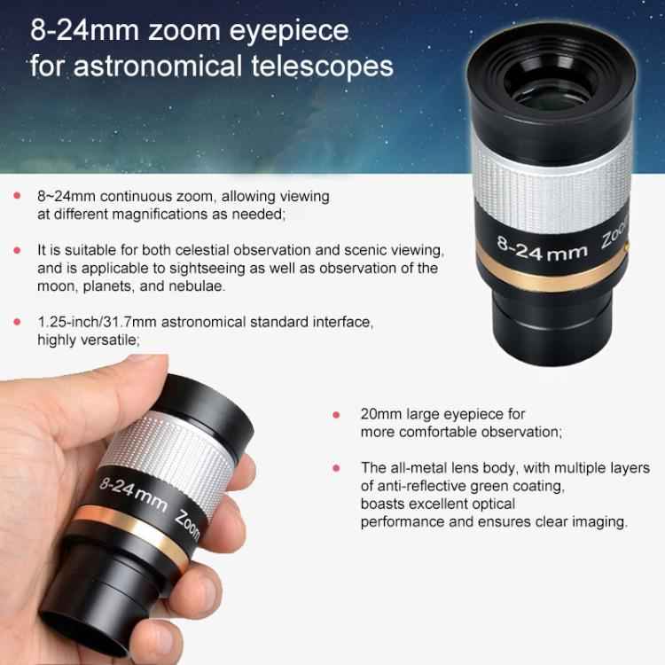 Astronomical Telescope 8-24mm All-metal Continuous Zoom Eyepiece (Silver)