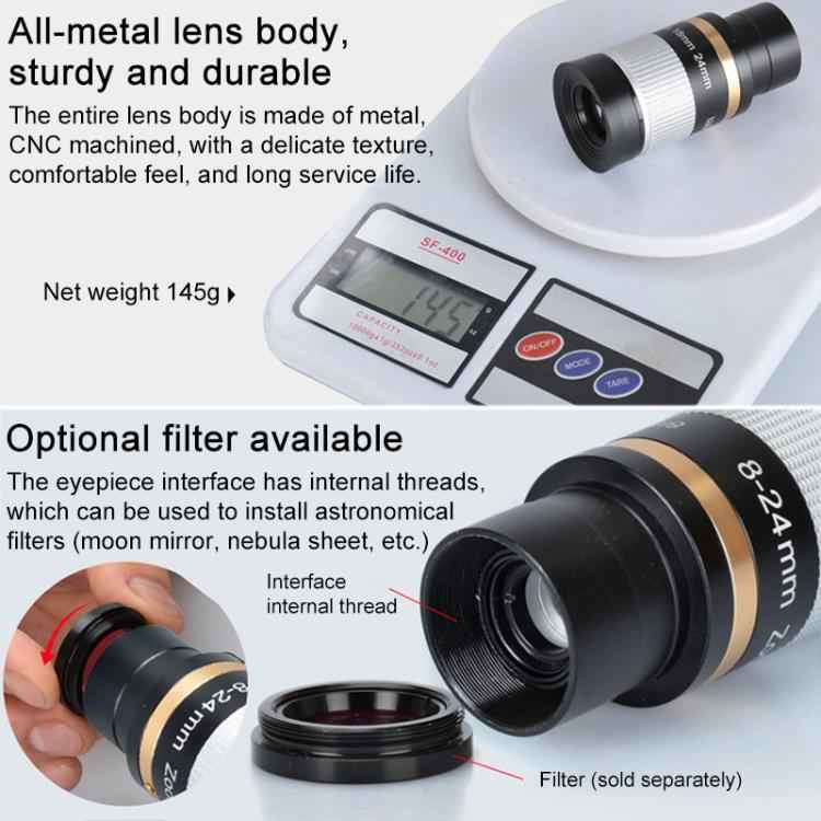Astronomical Telescope 8-24mm All-metal Continuous Zoom Eyepiece (Silver)