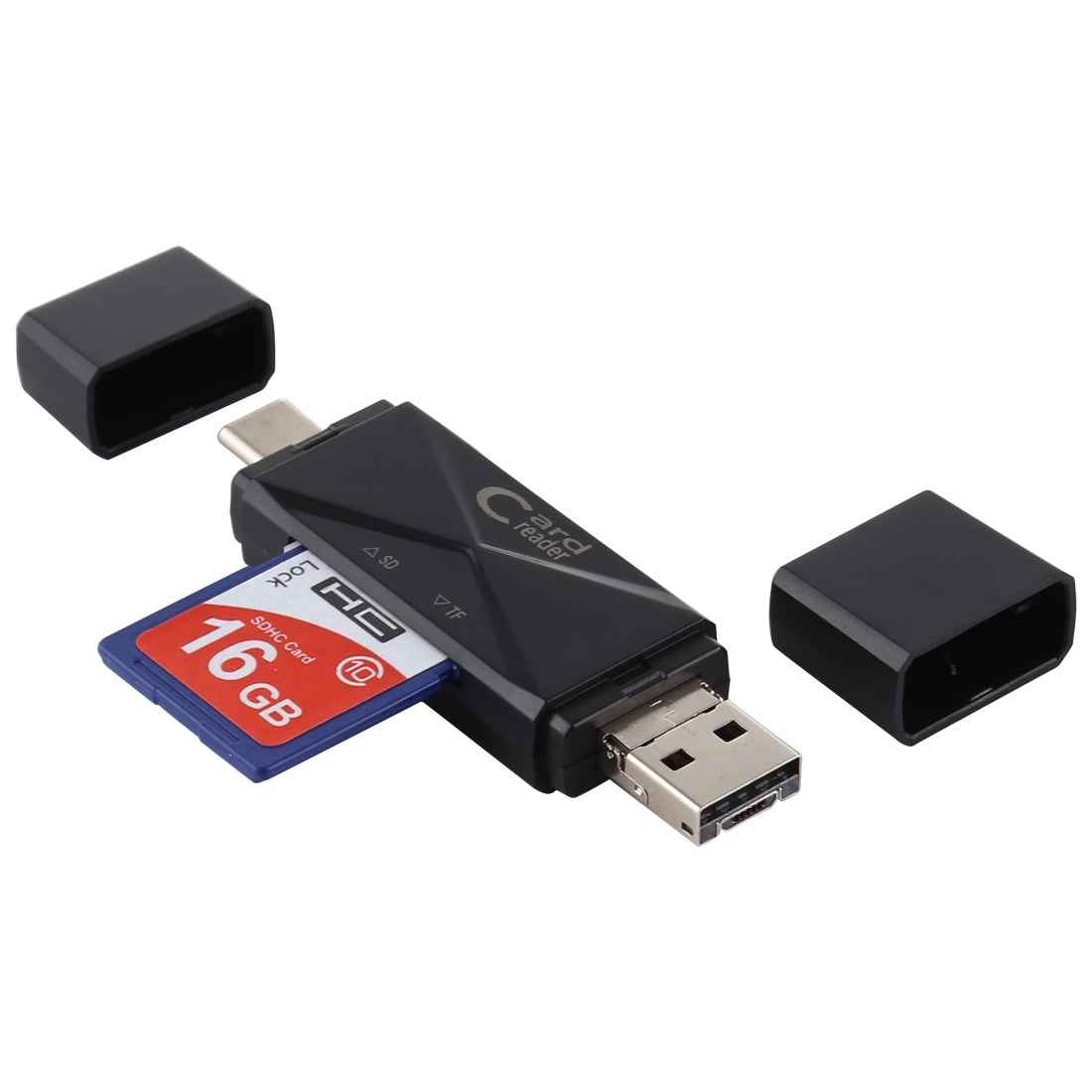 Uniqbuy For USB-C / Type-C + SD + TF + Micro USB to USB 2.0 Card Reader (Black)