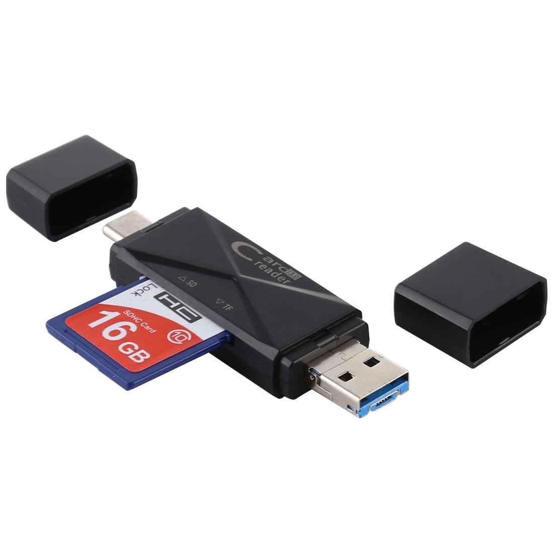 Uniqbuy For USB-C / Type-C + SD + TF + Micro USB to USB 3.0 Card Reader (Black)