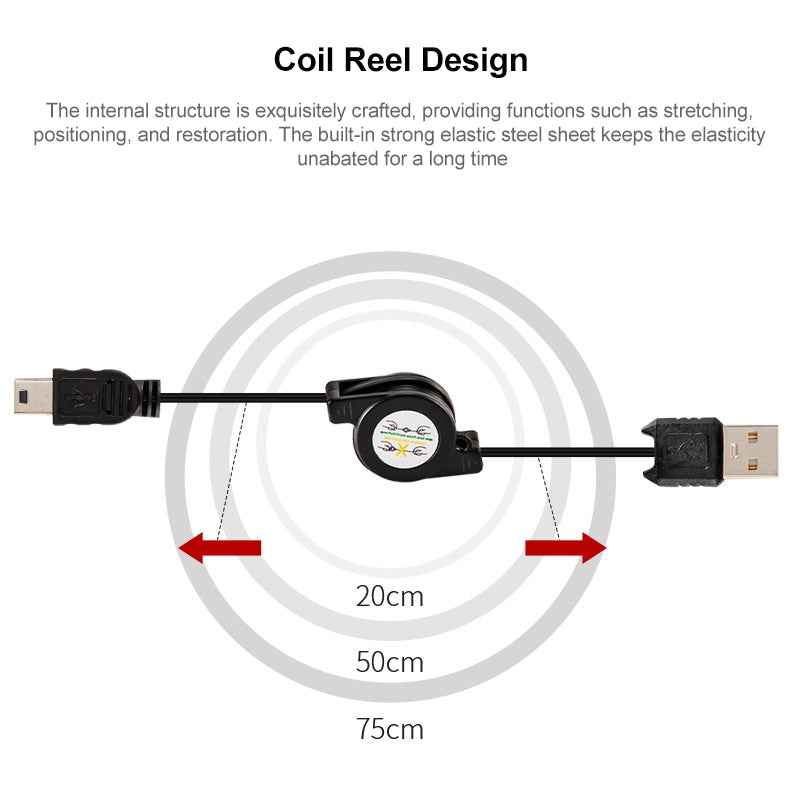 Uniqbuy For USB 1.1 to Mini 5 Pin USB Retractable Data & Charger Cable for Motorola V3 / Mobile Phone / MP3 / MP4 / Digital Camera / GPS, Length: 10cm (Can be Extended to 80cm), Black(Black)