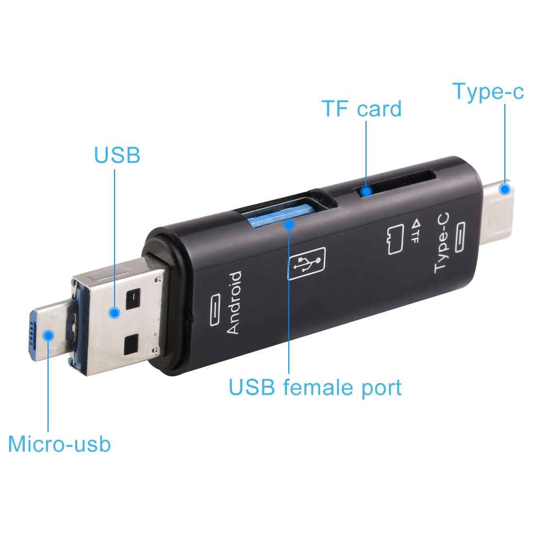 Uniqbuy For D-188 3 in 1 TF & USB to Micro USB & Type-C Card Reader OTG Adapter Connector(Black)