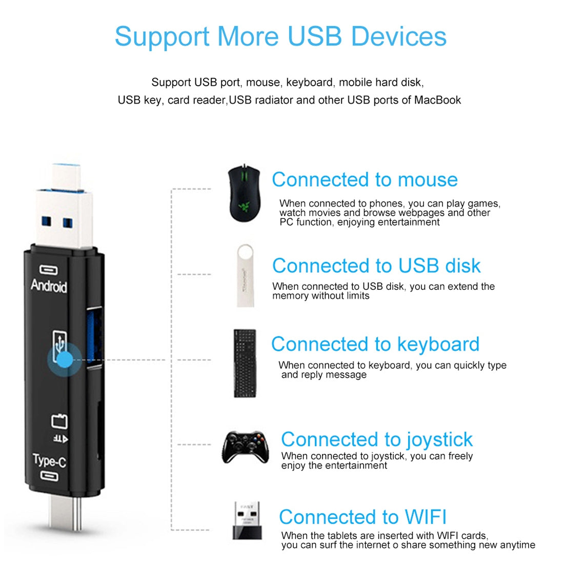 D-188 3 in 1 TF & USB to Micro USB & Type-C Card Reader OTG Adapter Connector(Black)