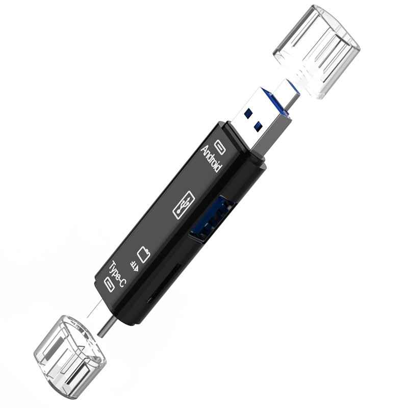 Uniqbuy For D-188 3 in 1 TF & USB to Micro USB & Type-C Card Reader OTG Adapter Connector(Black)