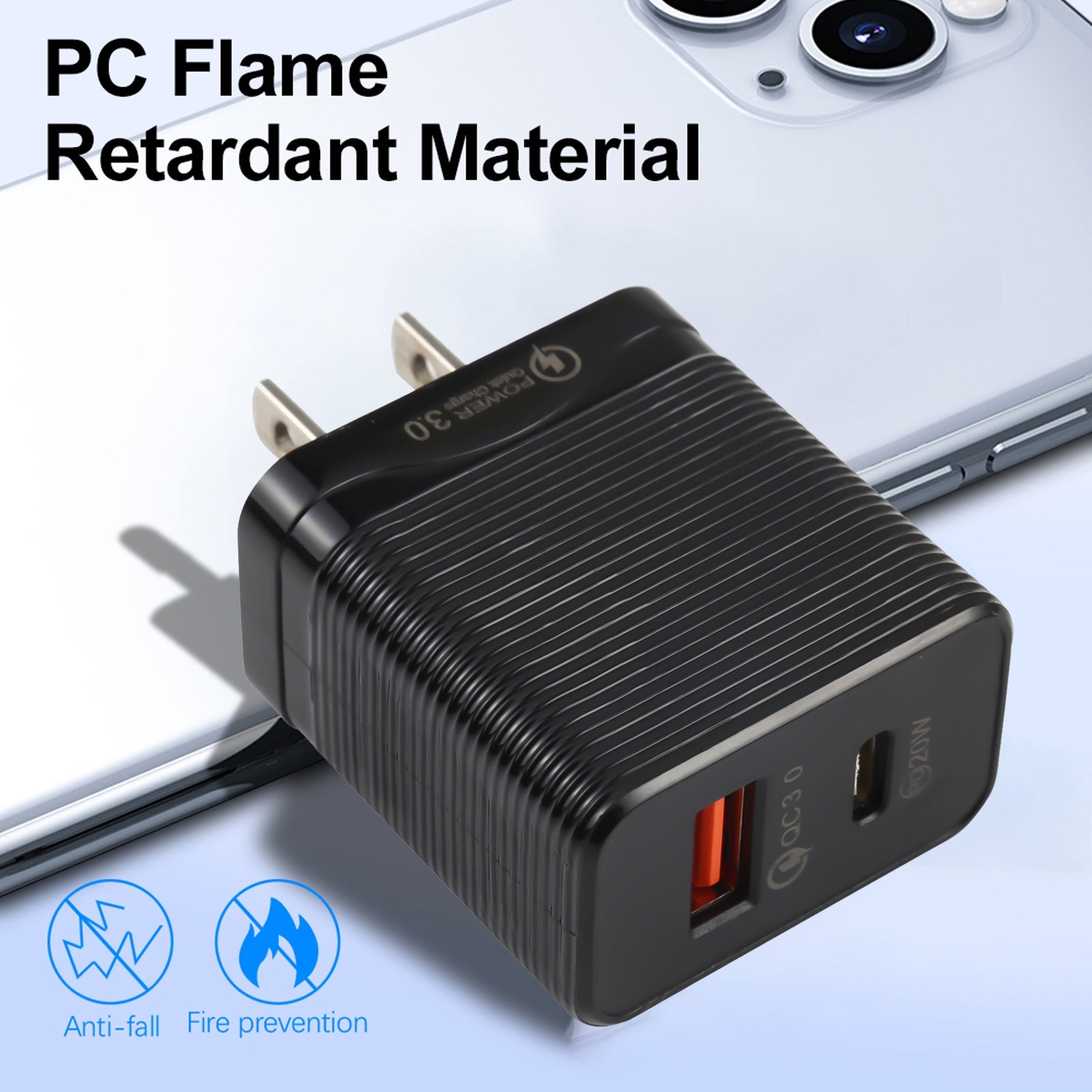 LZ-728 QC 3.0 USB + PD 20W USB-C / Type-C Fast Travel Charger, US Plug (Black)