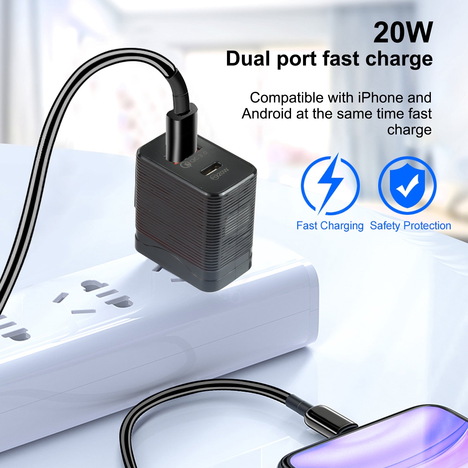 LZ-728 QC 3.0 USB + PD 20W USB-C / Type-C Fast Travel Charger, US Plug (Black)