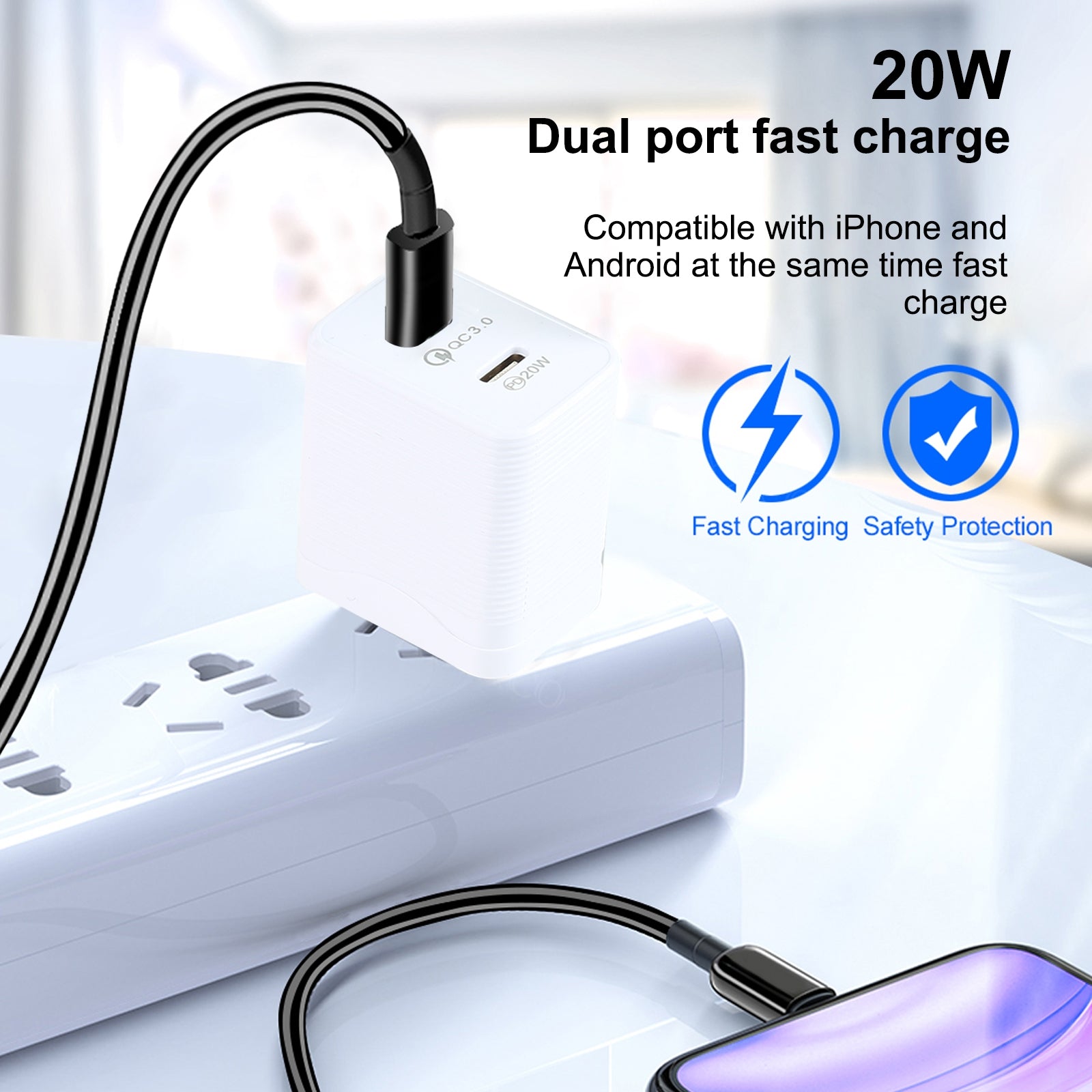 LZ-728 QC 3.0 USB + PD 20W USB-C / Type-C Fast Travel Charger, US Plug(White)