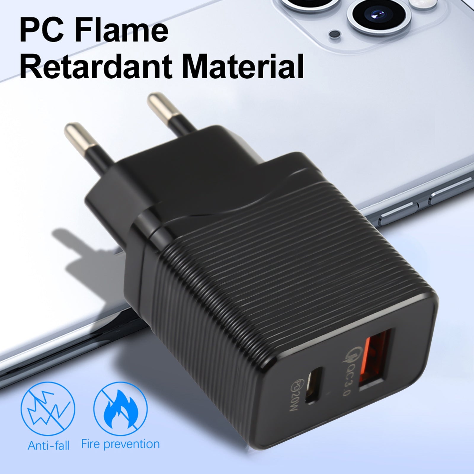 LZ-728 QC 3.0 USB + PD 20W USB-C / Type-C Fast Travel Charger, EU Plug(Black)