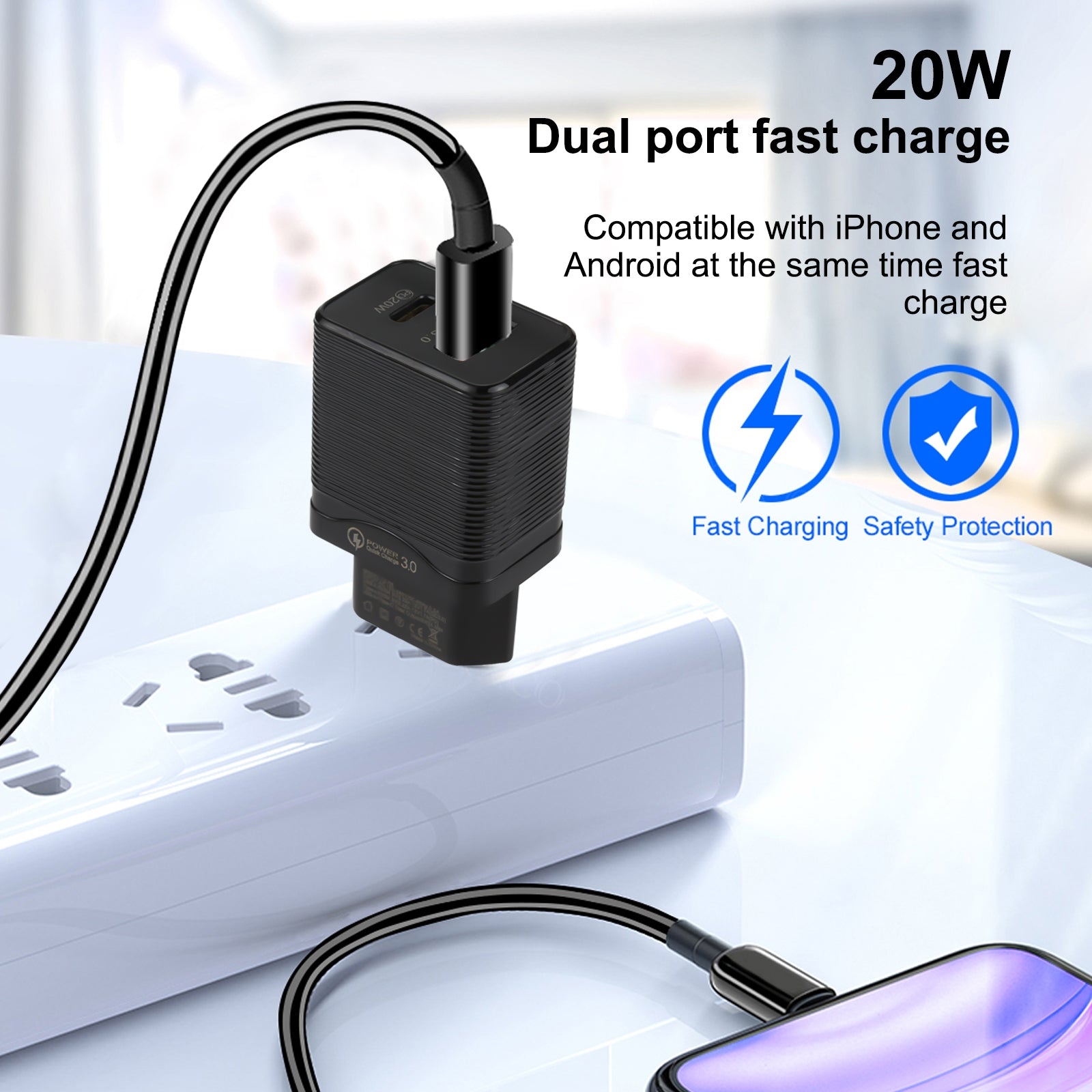 LZ-728 QC 3.0 USB + PD 20W USB-C / Type-C Fast Travel Charger, EU Plug(Black)